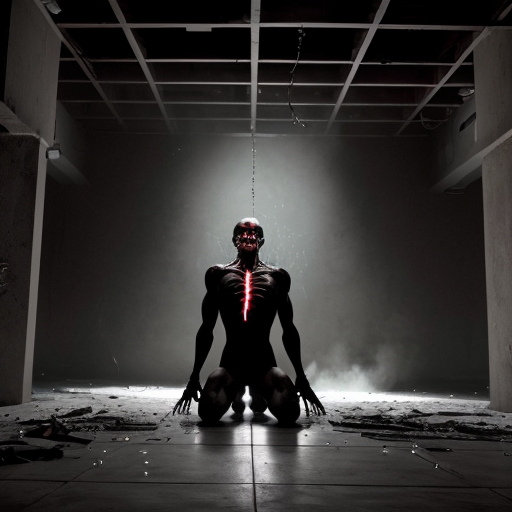 a cathedral-like slaughterhouse of impossible geometry—walls slick with blood that shouldn’t exist in a space this vast, ribbed arches of bone stretching into a ceiling lost in shadow. At the center, a grotesque humanoid figure kneels, its flesh stitched together from flayed skins, faces screaming silently where its muscles should be. Its elongated fingers cradle a still-beating heart, veins dangling like puppet strings, while inverted crosses drip wax onto piles of severed hands arranged in pentagrams. The floor is a mosaic of teeth and shattered glass, reflecting the dim, flickering light of black candles that burn without melting. In the background, silhouettes of twisted figures writhe mid-transformation—half-human, half-something worse—their limbs fused to the walls as if the building itself is digesting them. The air shimmers with the illusion of heat, though the scene is cold enough to see your breath, and every shadow seems to twitch with something just beyond perception.