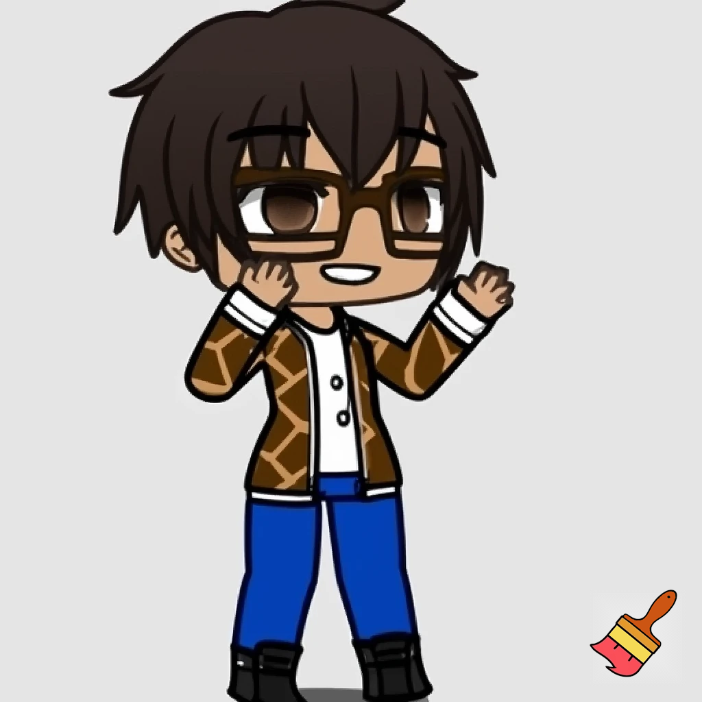 A Gacha brown skinned boy with dark brown hair, brown glasses and a brown pattern jacket with a white shirt, blue pants and black shoes. Waving at the camera 
