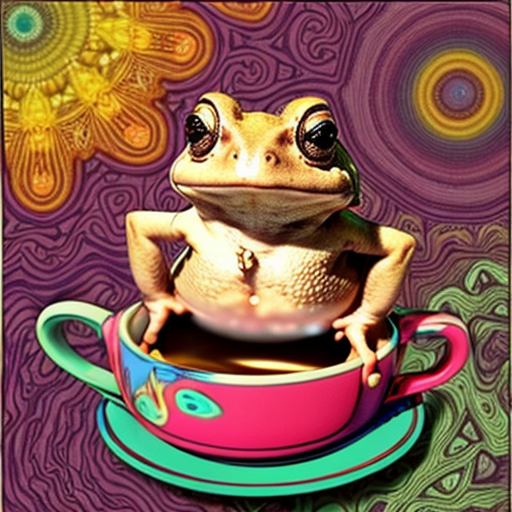 A hillarious, funny boho toad with some hippie colored coffee cups. Psychedelic decorated background.