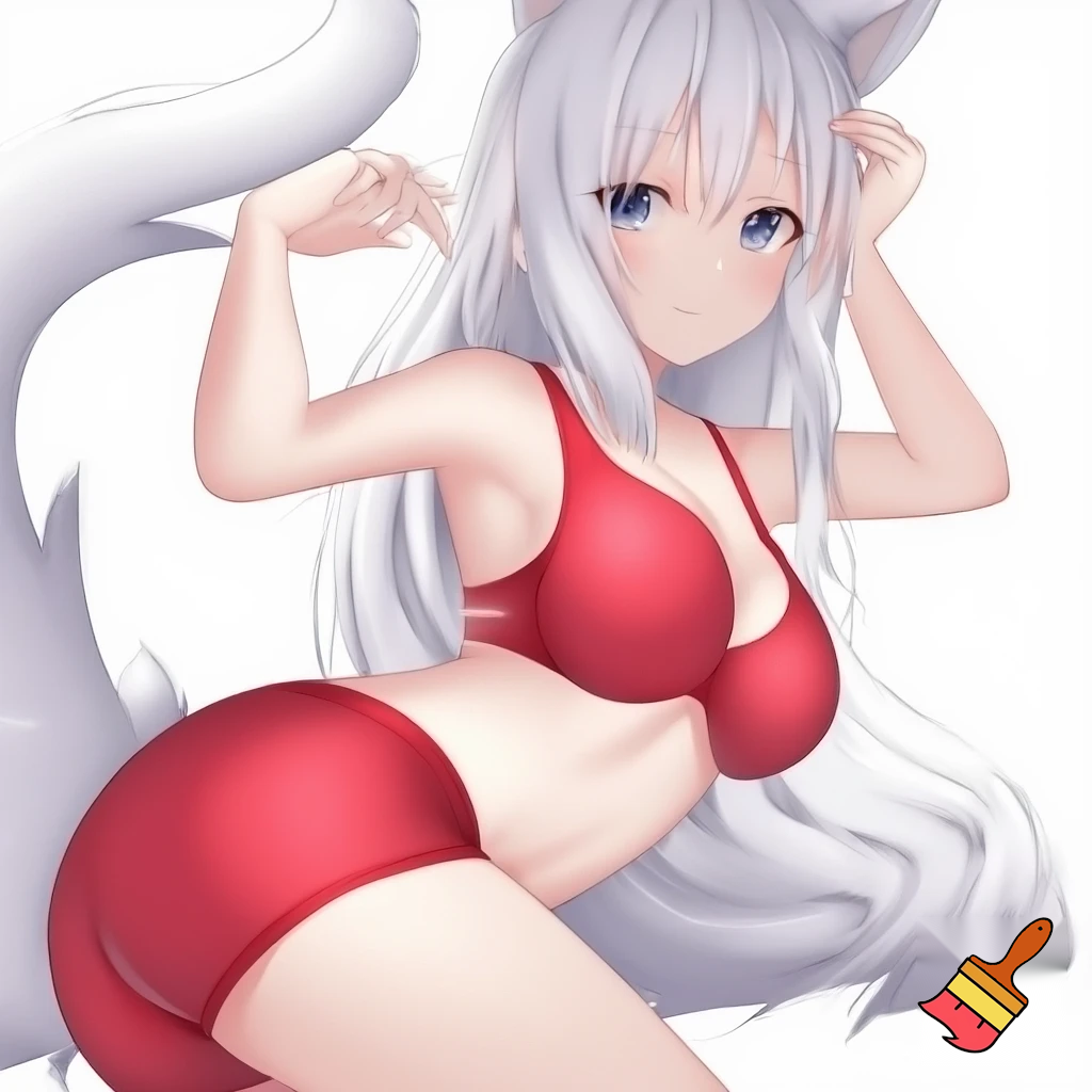 Anime girl 20 years old so cool and cute with red underwear clothes with white hair and her body is so white and shiny and do cool poses in white screen make it so anime and make it so cool and so so so cute and her ass is little big and cool and her hair is closing one of her eyes and her waist is so cool with her body and her body is so so so so so cool and she do an cat pose