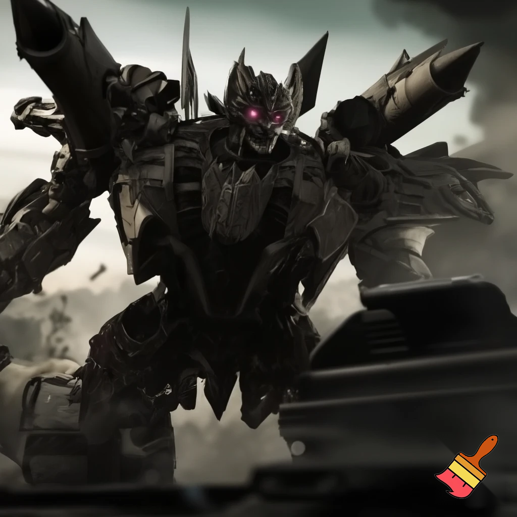 A Decepticon, made from a mix of a F-22 raptor and a mobile artillery tank with an angry face and humanoid form