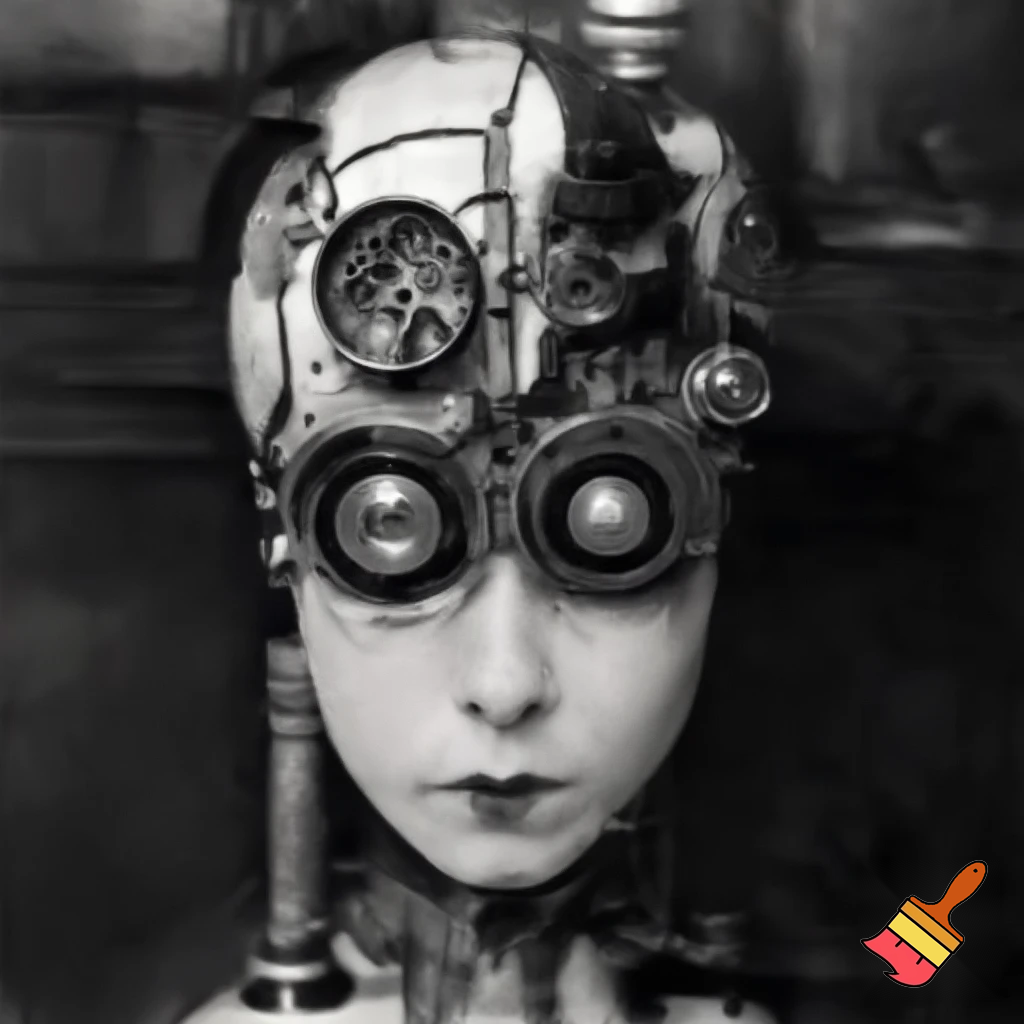 Bio-mechanical girl portrait, noise art. In the style of a 1920's German Expressionism. Black & white.