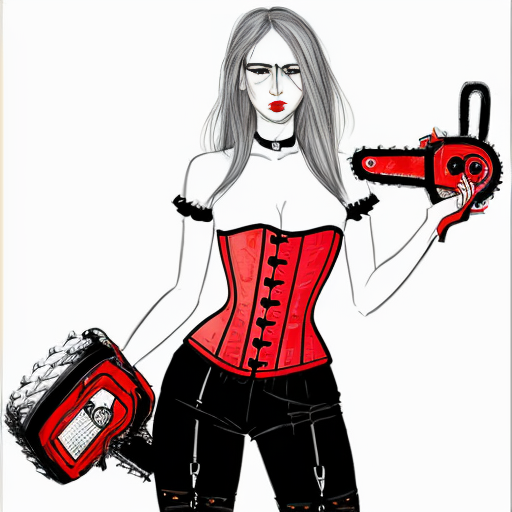 make a rough sketch of a feminine man, (tall and slender body type, white long hair, corset and red eye) and holding a chainsaw