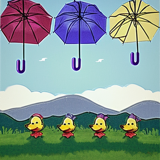Five little ducks with plain, red bow, blue cap, colour lollipop and purple umbrella went out one day, over the hills and far away.