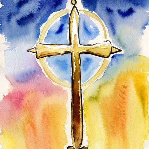 A golden cross above the sky with a small golden scroll and sword and above it a rainbow