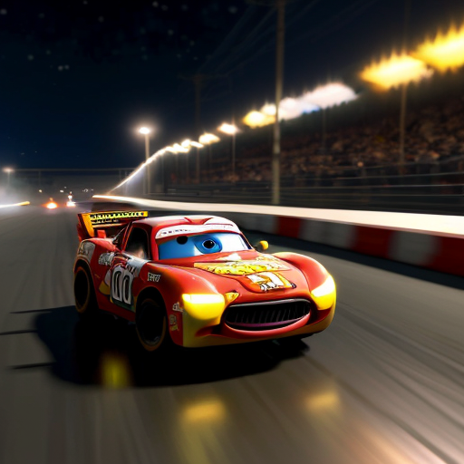 He racing speeding in piston cup dinoco 400 from cars 2006 in night scene stay in character model please 