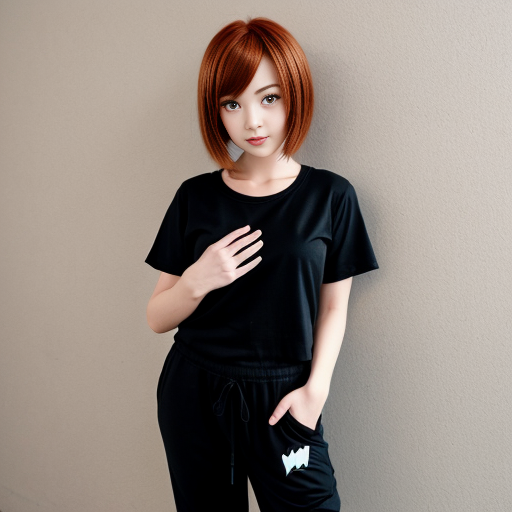 brown-red haired anime girl with a flat chest, kandi, black sweatpants, a black t-shirt, wolf cut hair, brown eyes