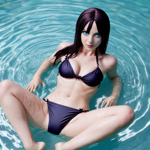 Gothic spider girl anime with blue eyes and a bikini, swimming with her legs spread.