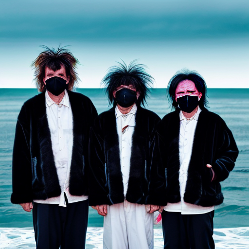 3 witch doctors with long furry black jackets and white face mask with hallow black  eyes and dressed with pants with messy hair next to the sea 