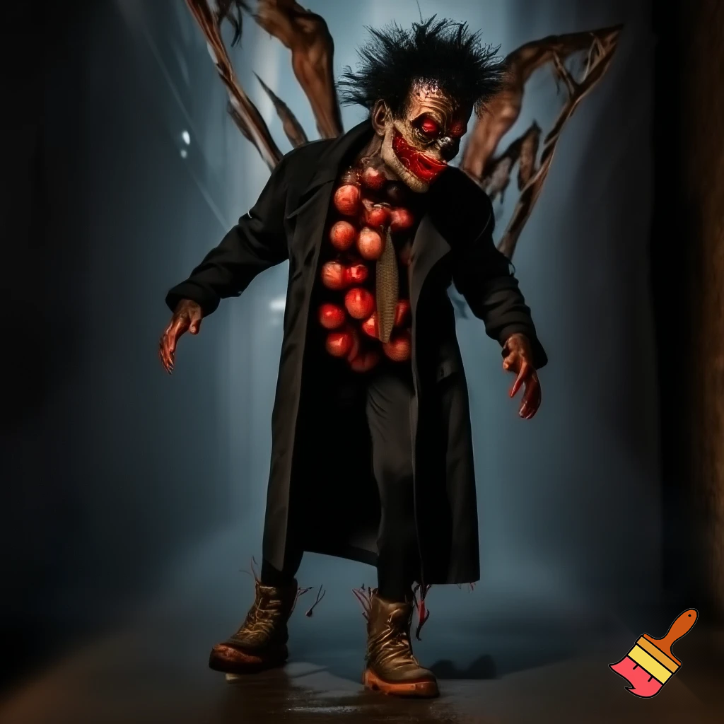 

> **"A terrifying Halloween character standing in a dark, foggy alley at night. He wears a long black trench coat splattered with fresh and dried blood. Protruding from his chest and back are cracked, glowing spheres—black and crimson, pulsing with eerie red light. His lower body is clad in tight black pants and heavy combat boots. Nails pierce through his feet and legs. His face is painted with grotesque horror makeup: an unnaturally wide, jagged smile stretching ear to ear, eyes covered with black crosses, and wild, spiky black hair. His skin is fractured with black lightning-like cracks emitting dark energy. His eyes are wide, bloodshot, and insane—like a psychotic killer. A large rusty knife is embedded deep into his skull. From his back, torn, demonic wings made of bone and charred flesh extend outward. Hyper-detailed, cinematic lighting, horror atmosphere, 8k, photorealistic style."**

