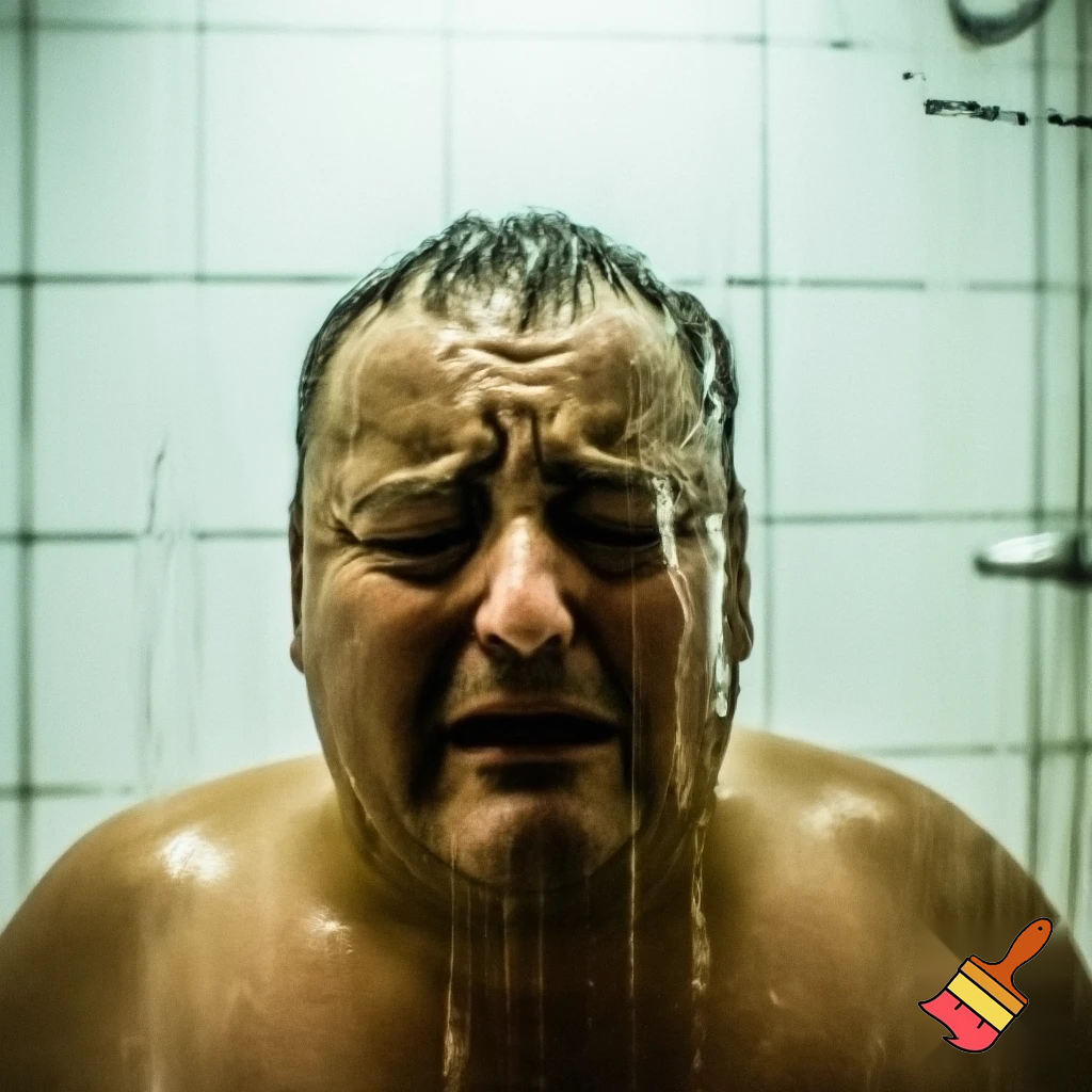 a fat man crying in his shower