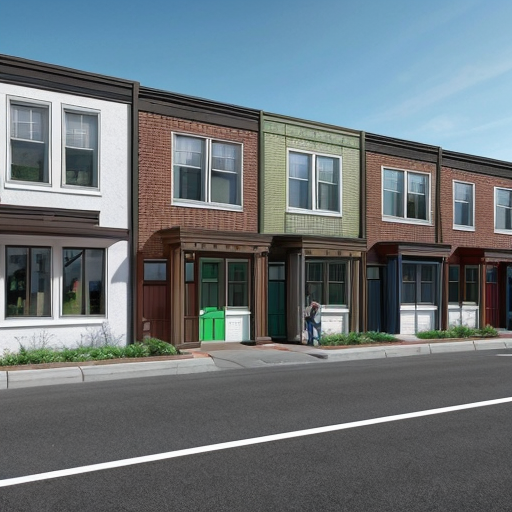 Generate an suburban neighborhood with one main rectilinear street and smaller, local streets separating off of it in a curved, varied manner. The urban space should have small street blocks with 5 or 6 uniform rectangular parcels and an interstate highway running along the edge of the neighborhood. Parcels should contain small square buildings and green garden areas behind them. Buildings should be mainly vernacular residential buildings (small homes) of about 2-3 floors with 2 or three small-scale commercial businesses on every other corner along the main street. 