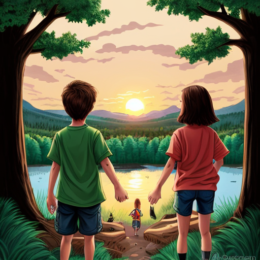 Two kids one girl one boy back to back in a forest sunset adventure  cartoon