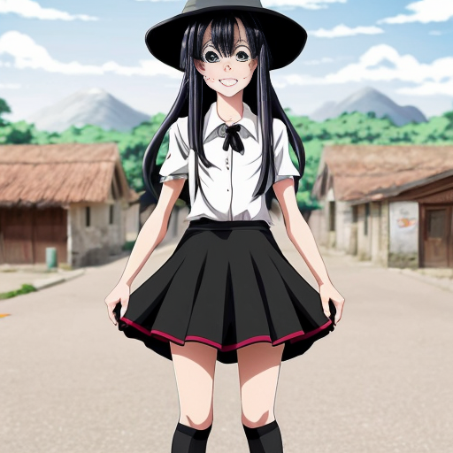 An anime witch girl with black hair, cute face, black eye. She have been abused until she only have broken skirt left. She is 16 year old and height is 1,5m. She is tried to cover her skirt. The background is village with a lot of peopla