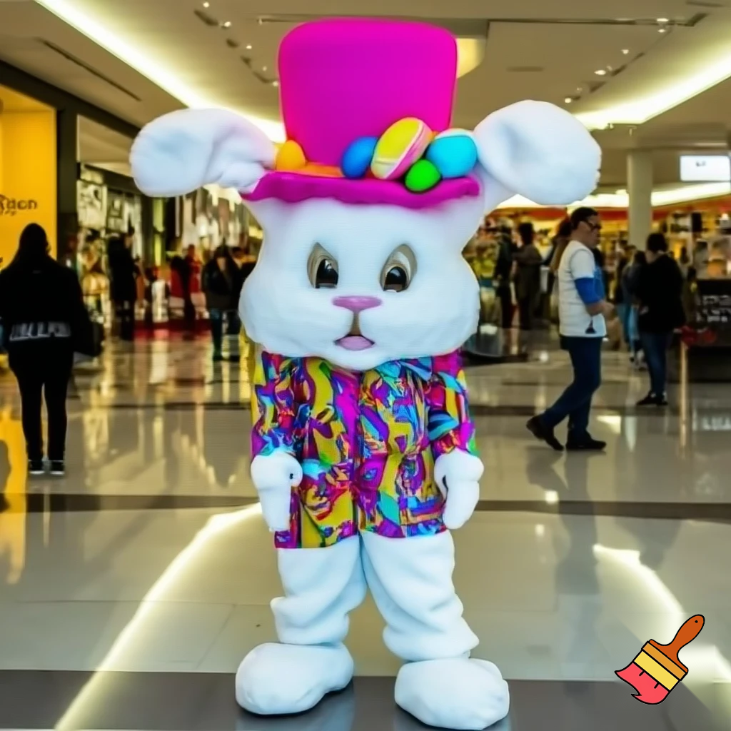 Easter bunny mascot costume top hat shopping Centre colourful jacket  colourful top hat
