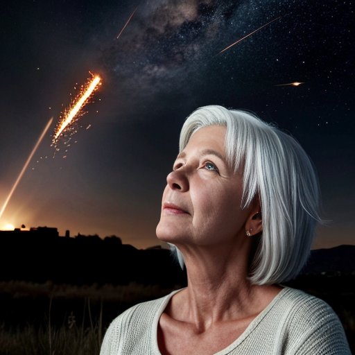 white-haired woman watches as meteorites fall on her castle