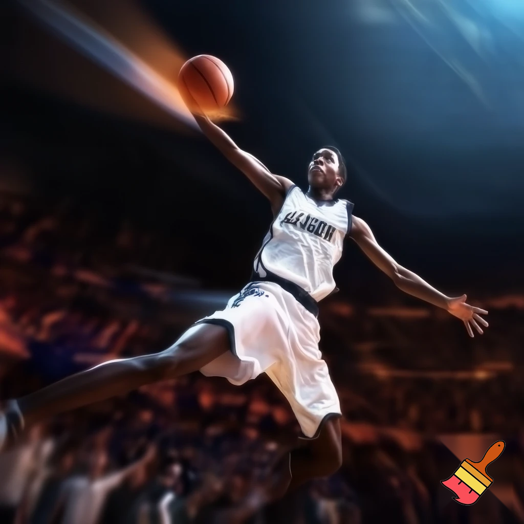 


teen Black basketball player in a white Bullard jersey hitting a game-winning three-pointer, dynamic action shot, crowd cheering
