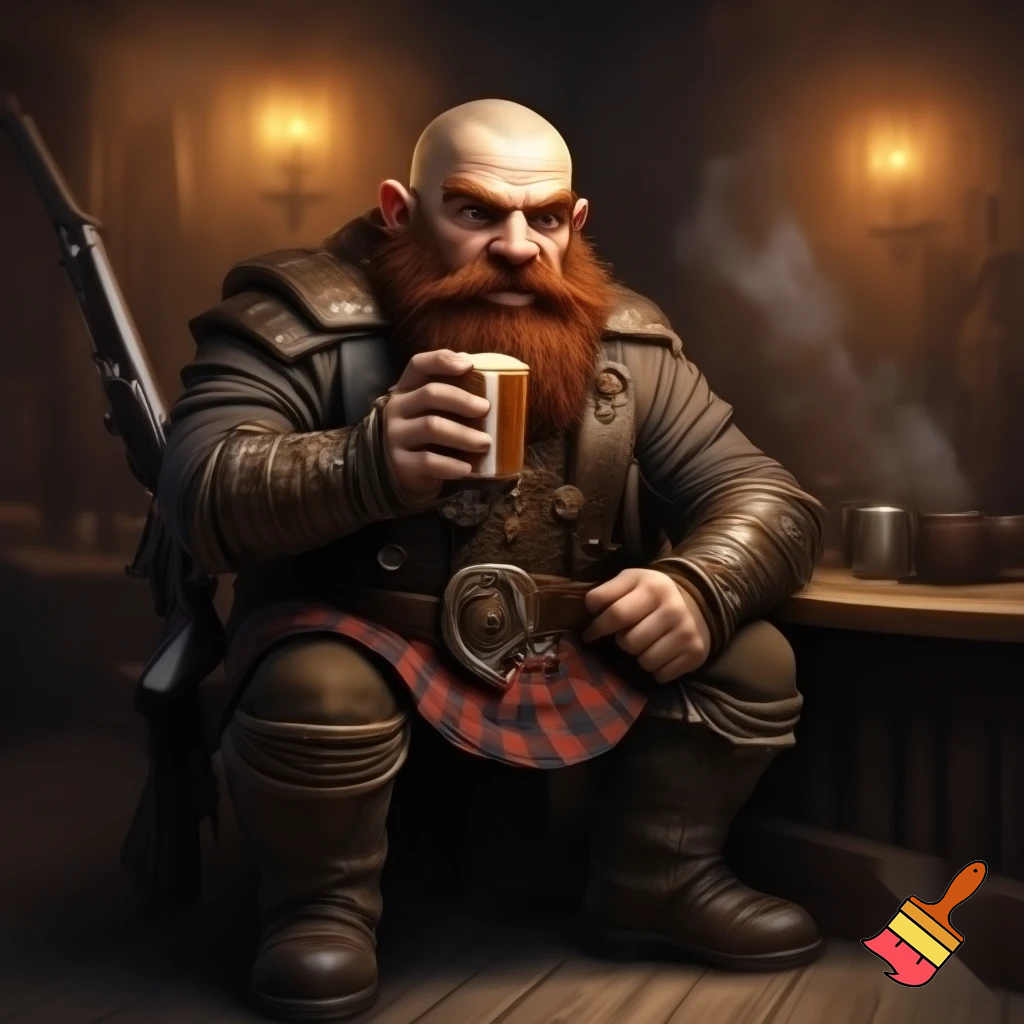 short far dwarf. gunslinger. cigar. sitting at the counter on chair in tavern and sipping a pint. bald. red beard. rough atmosphere. kilt. musket on the table. rugged leather armor. angry. harsh drawn style