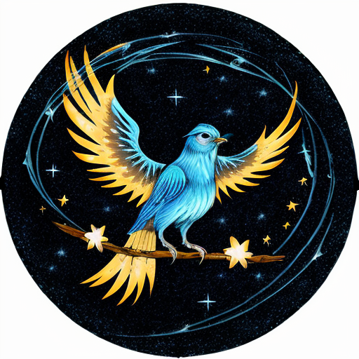 a magical spirit blue bird phoenix glowing and  transparent like smoke with a black starry night sky background