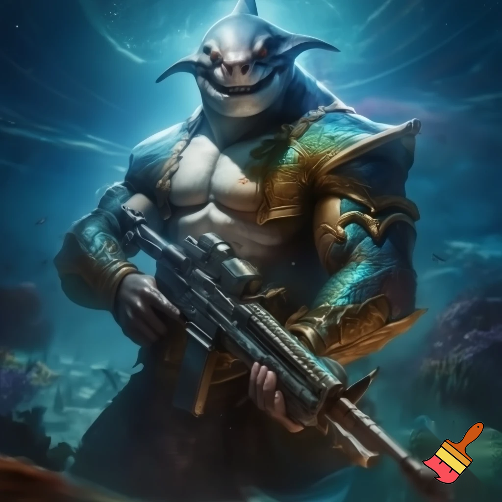 King shark prince nanaue using a assault rifle 