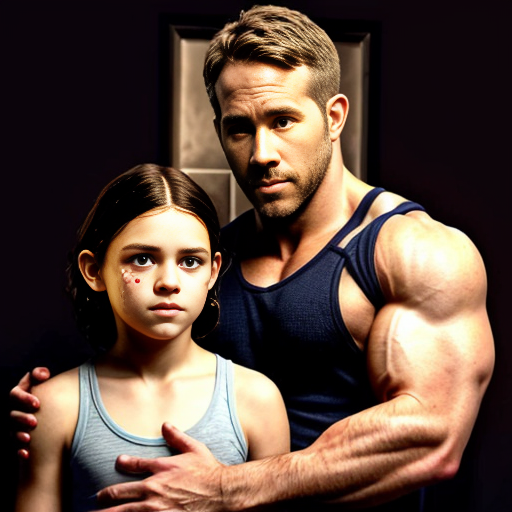 generate me a family of 5 with 2 dads, make one of the dads a dark brown haired 6'2" bodybuilder and make the other one ryan reynolds, then make a boy who is 14, and a girl who is 3 and a boy who is 2