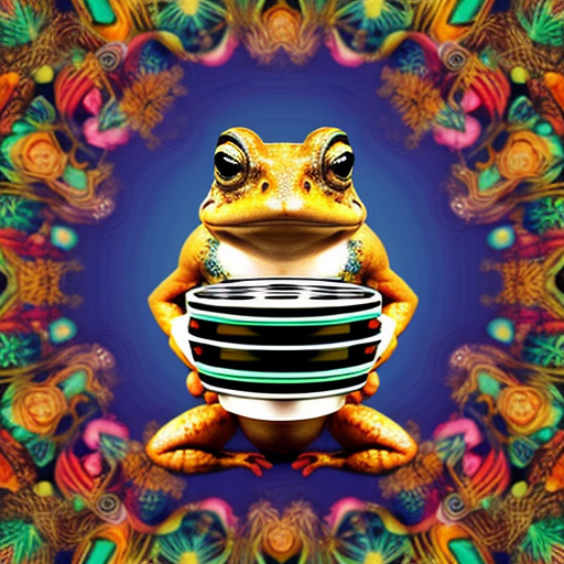 A hillarious, funny boho toad with some hippie colored coffee cups. Psychedelic decorated background.