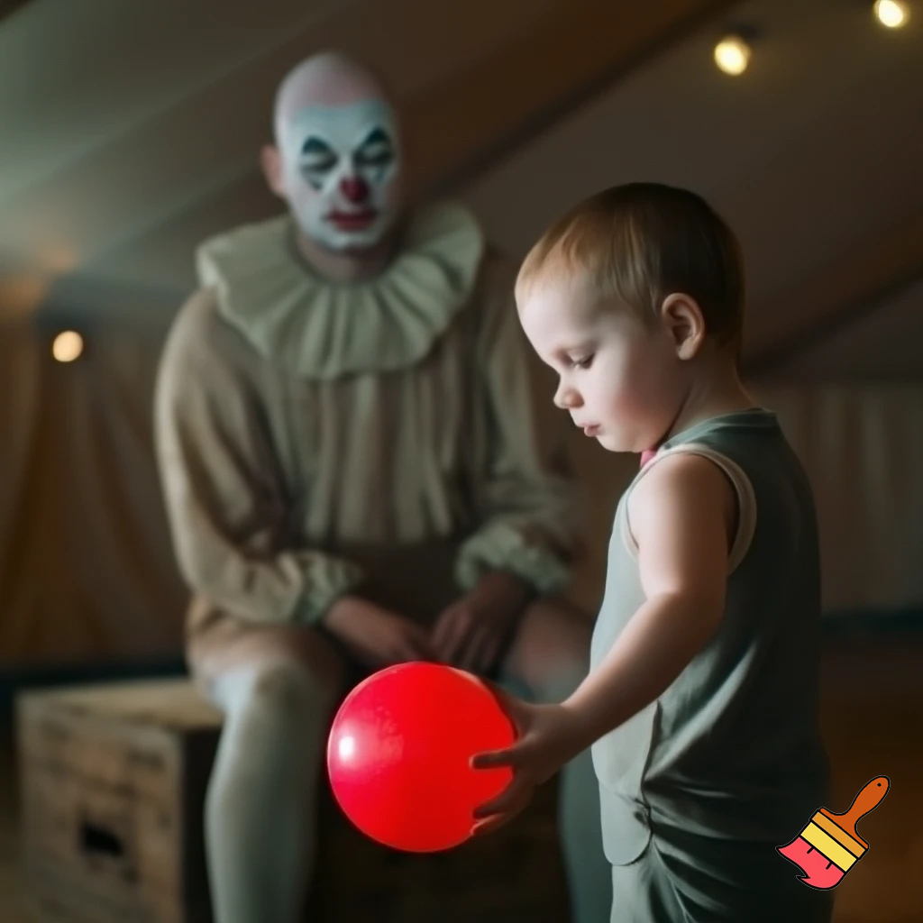 A child reaches out to give the sad circus clown his ball.
