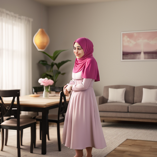 Pixar-style 3D cartoon, Muslim woman, 50 years old, fully covered, headscarf covering all hair, modest appearance, wide flowing pink dress, standing in a modern living/dining room, placing plates on the table, preparing food to eat, medium-class interior, neutral colors, simple furniture, cozy atmosphere, bright friendly lighting, simple cartoon style