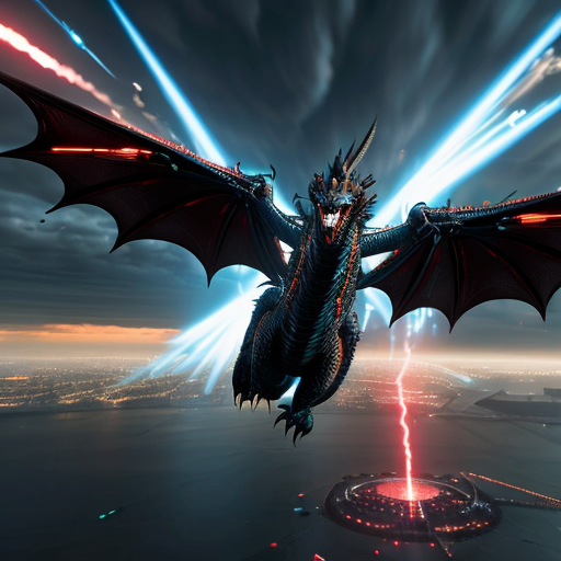 A dragon armored high-tech superhero flying in the sky with energy thrusters, mechanical dragon wings deployed, shooting energy beams from hands, futuristic city below, dramatic clouds, cinematic action shot, motion blur, ultra realistic, 8k, dynamic pose