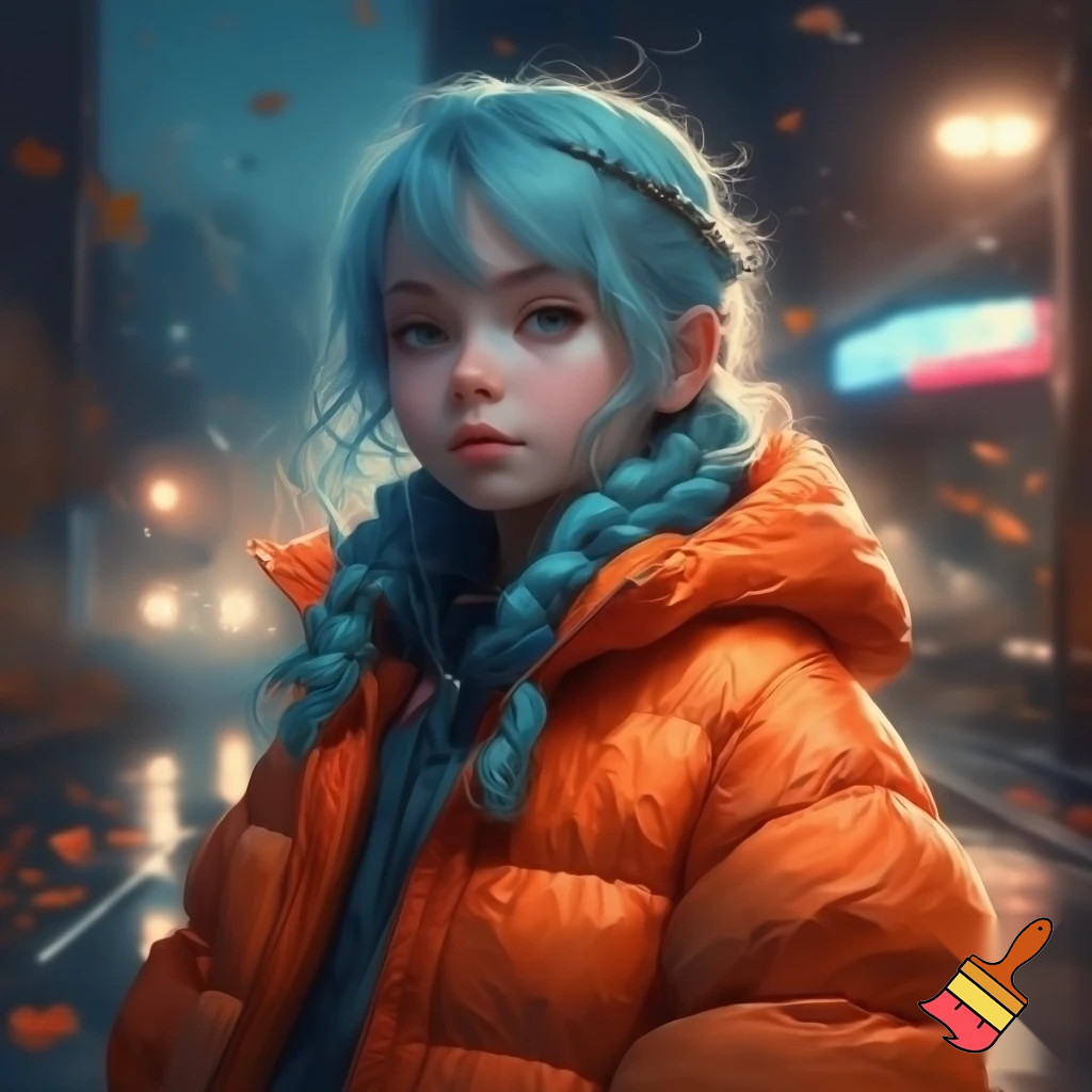 a girl with blue hair and a orenge jacket