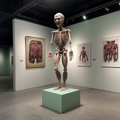 A high-resolution, detailed photograph capturing a complex, visceral biomechanical sculpture and human subject within a contemporary art gallery setting. The central figure is a large, elaborate sculpture constructed from exposed anatomical textures, deep red meat, bone, and intricate wiring, featuring multiple multi-jointed human heads and torsos with agape, screaming mouths, suspended and framed by white PVC piping and supports. The sculpture rests on a distressed white plinth with wheels. Standing next to it is a underground humanoid cannibal another sculpture covered in a white cloth is visible. The gallery walls are mint green, and a large, framed classical painting is on the wall behind the sculpture. The scene has even, diffused lighting that highlights every extreme detail and texture, making the gore and materials look palpably real."