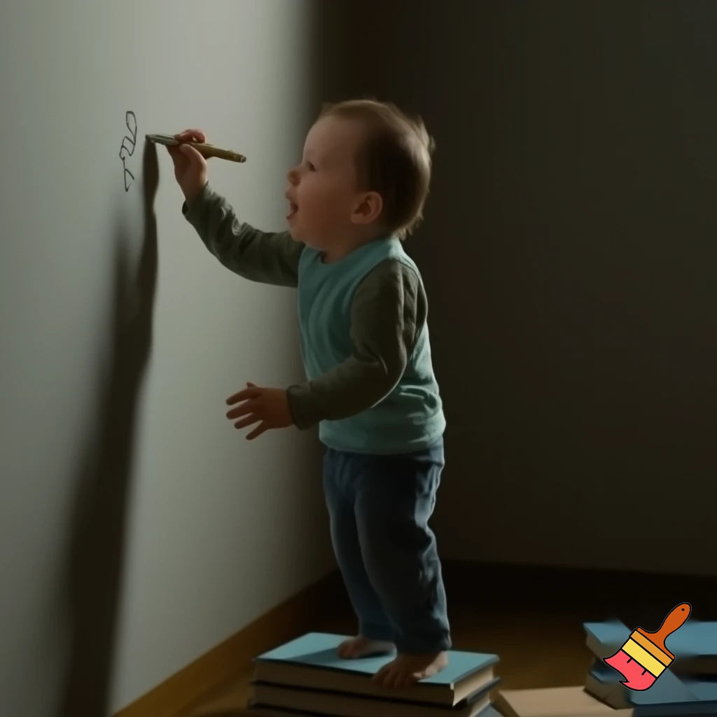 A child standing on four books to reach the wall, holding a single crayon in his hand as he tries to draw on it. Fear is visible on his face, as if he has just seen someone about to scold him. The scene is detailed and realistic, with soft natural lighting, cinematic depth, and expressive emotions. Ultra-realistic, 4k, cinematic realism.