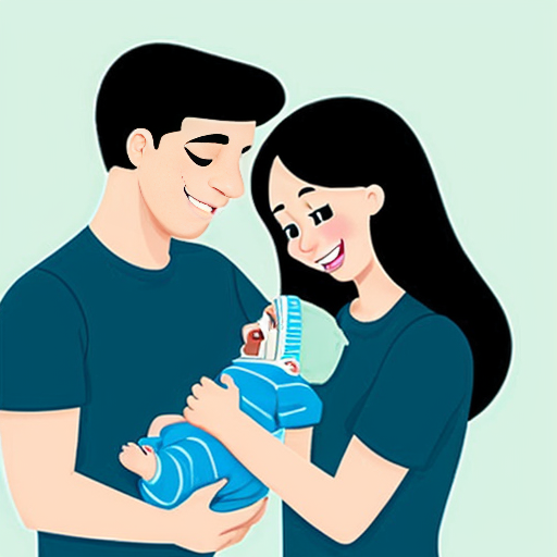 cartoon image of parents holding baby boy with black hair

