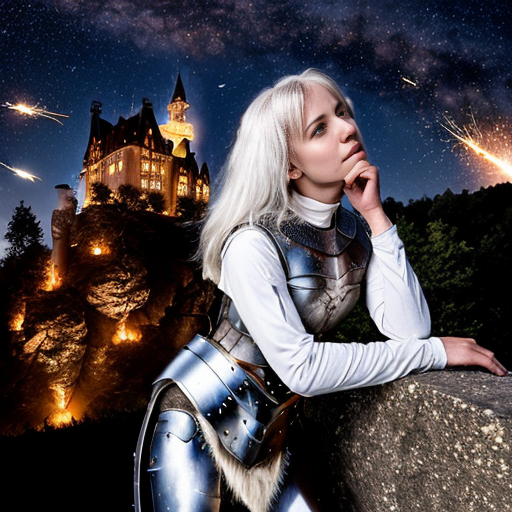 young tall white-haired woman in armor watches as meteors fall on the castle