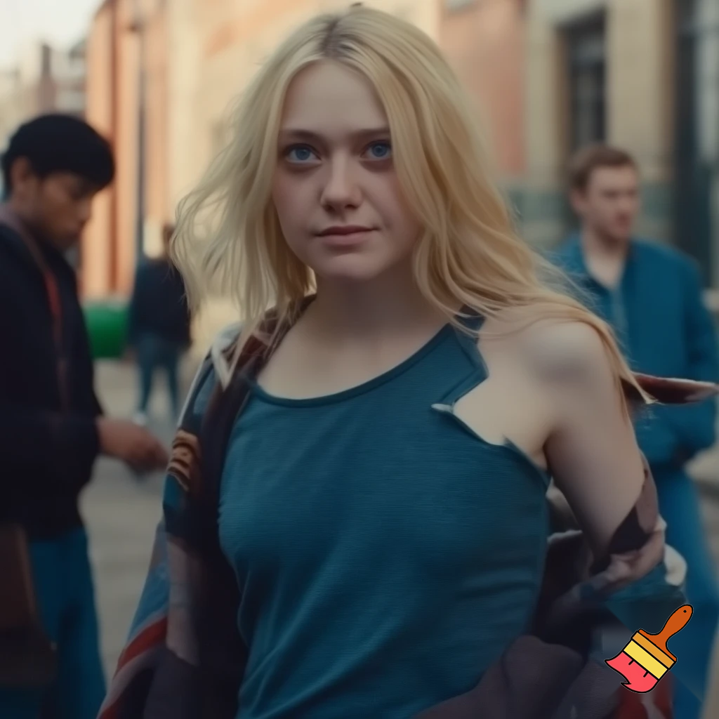 Dakota Fanning, various poses, torn clothes, street scene, close up shot,