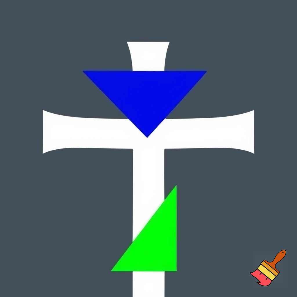 a greek cross with a blue triangle on the top pointing down, and a green triangle on the bottom pointing up