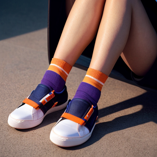 Rihanna orange tanktop belt blue short mini purple socks orange and white sneakers on a sitting Cloud