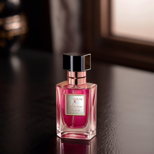 Extraluxury women’s perfume bottle with rosy amber glass, heavy white onyx base, discreet rose gold detailing, refined central gemstone accent, elegant and modern haute parfumerie style, cinematic soft lighting