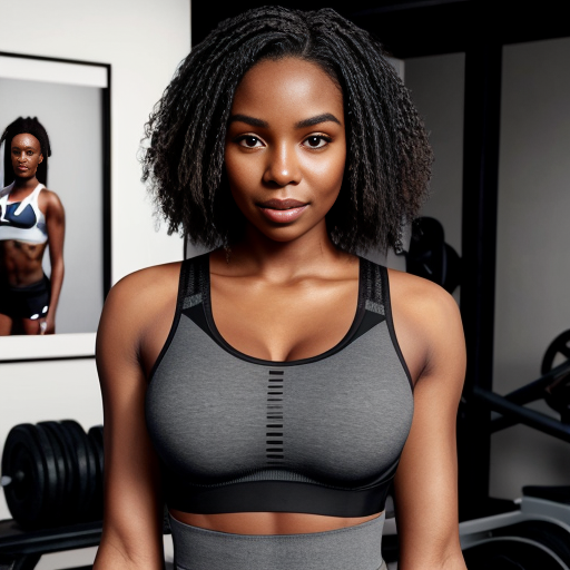 Ashanti with a black sleek middle part bob hair wearing a grey tank top and black bra working out 