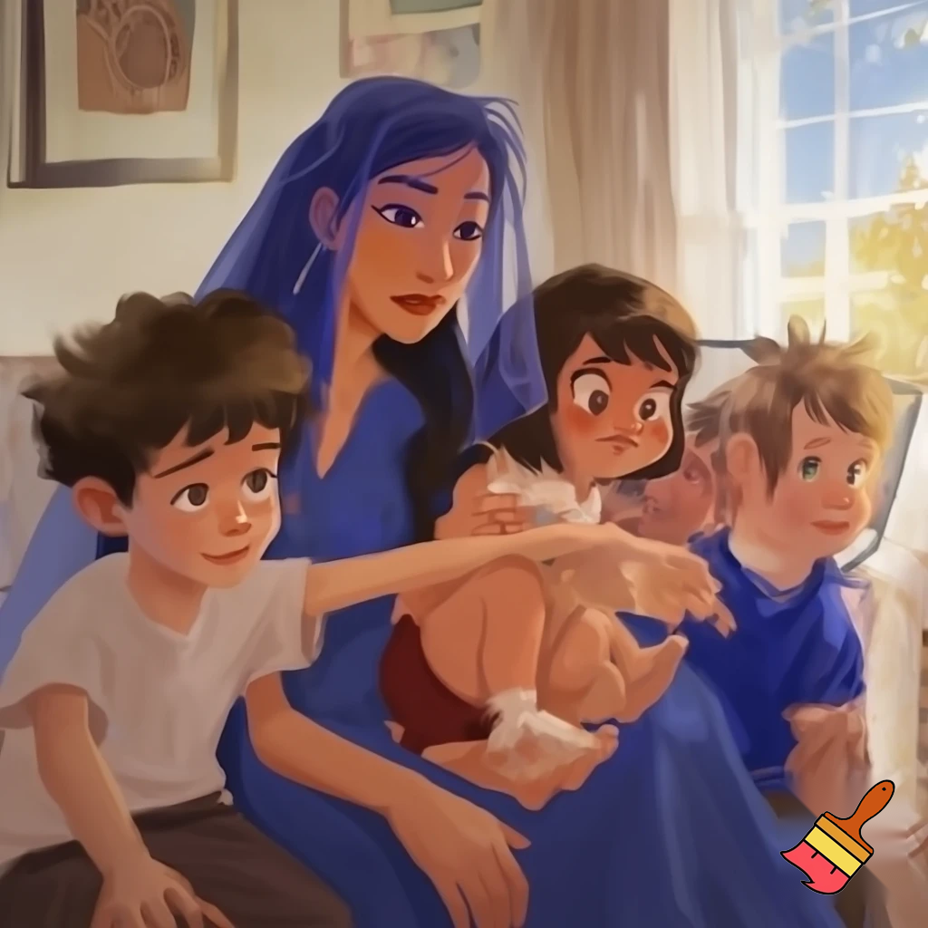 Je veux une famille normale avec une maman fine et voilée avec 3 garçons d'environ 10 ans une petite fille de 8 ans une fille de 4 ans et un bébé ils ont tous les cheveux noirs bruns et je veux pas de salon arabe juste la maman est voilee 