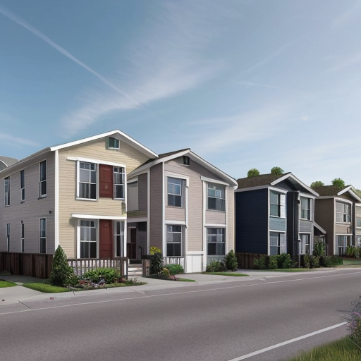 Generate an suburban neighborhood with one main rectilinear street and smaller, local streets separating off of it in a curved, varied manner. The urban space should have small street blocks with 5 or 6 uniform rectangular parcels and an interstate highway running along the edge of the neighborhood. Parcels should contain small square buildings and green garden areas behind them. Buildings should be mainly vernacular residential buildings (small homes) of about 2-3 floors with 2 or three small-scale commercial businesses on every other corner along the main street. Show entire neighborhood