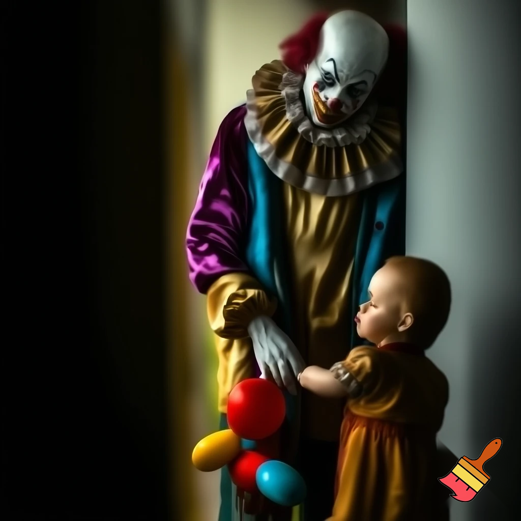 ):

A realistic full-body scene of a sad clown with detailed makeup and a colorful costume, standing quietly while a small child gently offers him a balloon animal. The atmosphere is emotional, tender, and heartwarming, with natural lighting, detailed fabric texture, and cinematic realism.