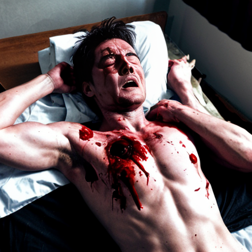A corpse shirtless man, died, face are hiding by shirt, eye closed, chest fully opened wounded, blood everywhere.