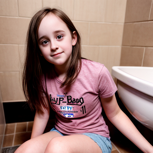 Age 9 Mara wilson wearing a pink t-shirt sitting on the toilet with a bare bottom and bare legs