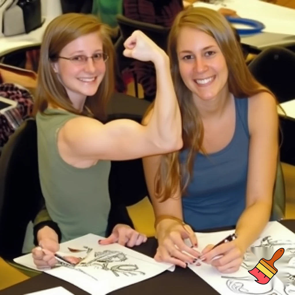Luann Comic Strip: 19 year old Bernice Halper flexes her muscles while her bestie(Luann) draws her posing at her college art class: cartoon comic strip style