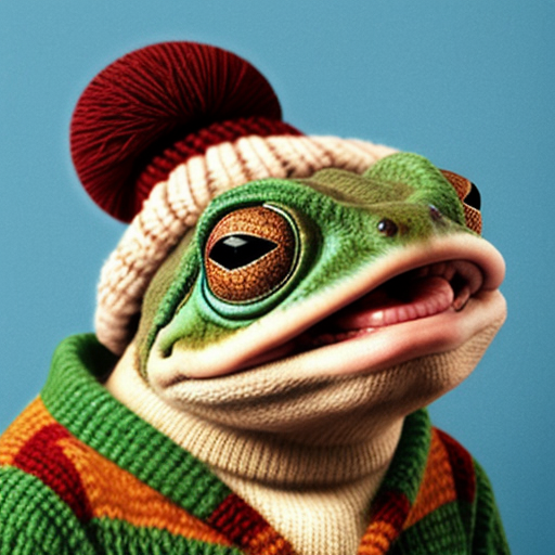 A laughable, puzzled animal toad in woolen, multicoloured winter clothings with woolen winter cap. Hyperrealistic style.