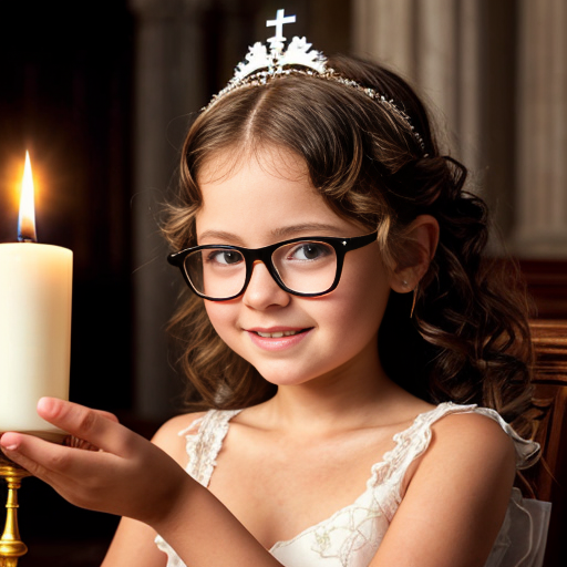 Cute adorable niña Chilindrina glasses con hair curly Blonde con corona Flores con verano elegante formal primera comunión sensual sexy con holding vela dé candela con altar con iglesia templó católico 1