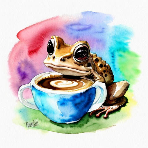 A hillarious, funny boho toad with some hippie colored coffee cups. Psychedelic decorated background.
