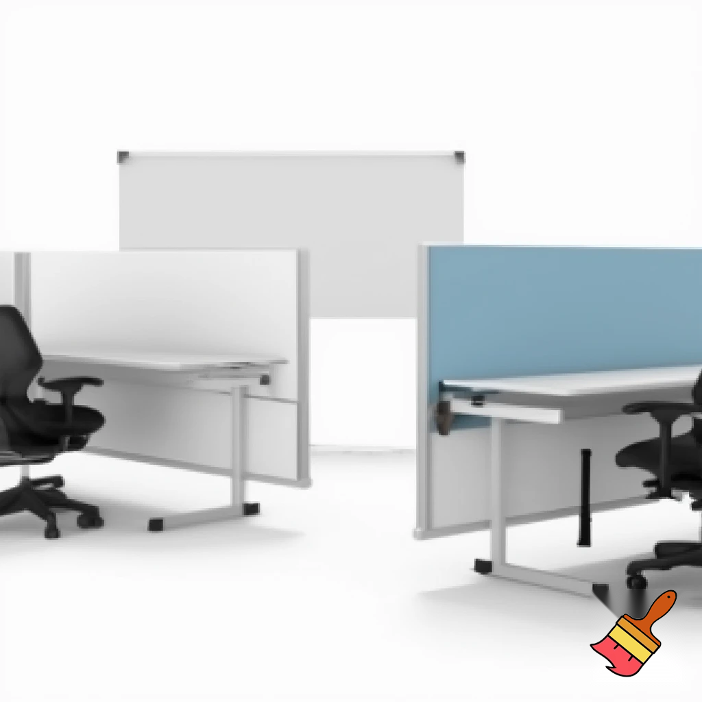 to arbejdsstationer , som består af 2 vægge 1,5 m høje, som står overfor hinanden ( på den ene - er whiteboard, på den anden - en skærm), med et klapbord på den ene side af hver væg (under whightboardet og skærmen), 2 stole på begge sider af hvert klapbord. Der er ikke væg imellem stationerne. Hvis man sætter dem sammen, bliver der dannet en station til 4 personer