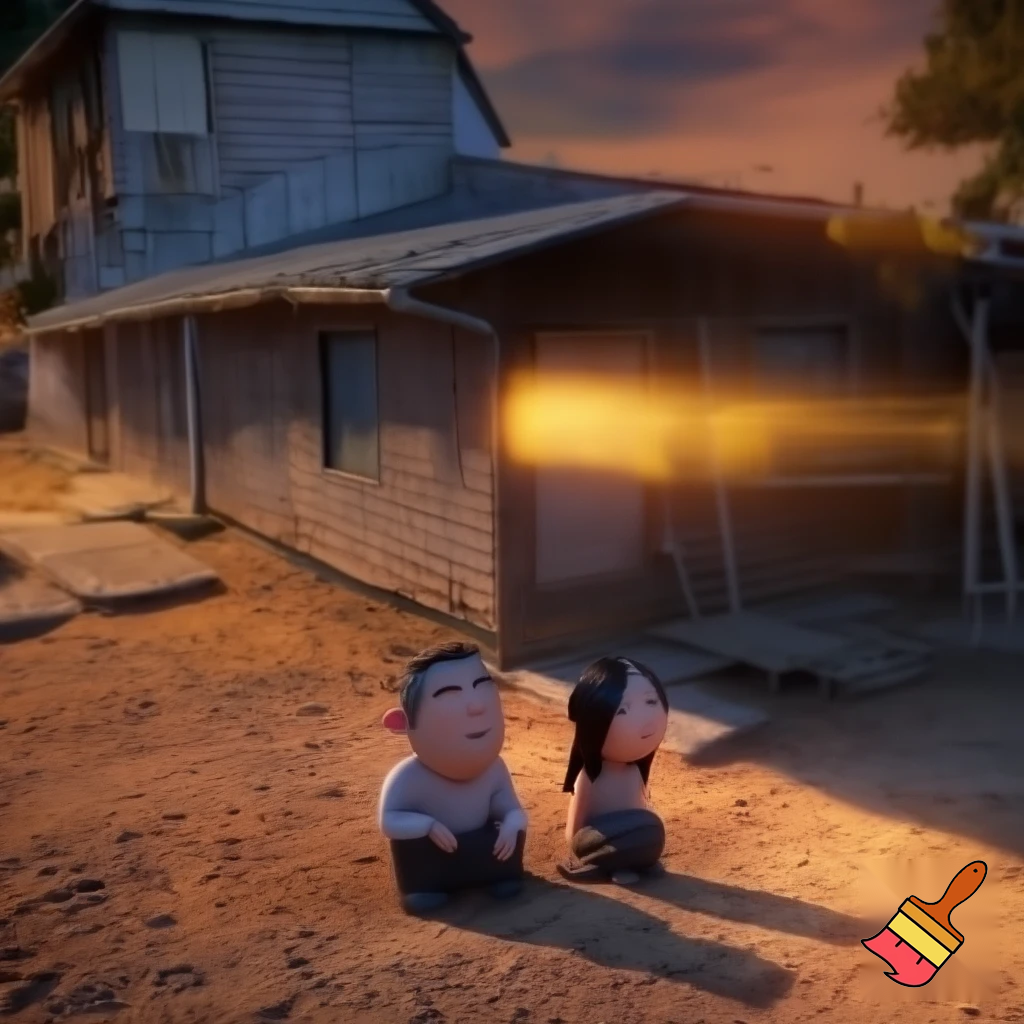 Subject: Father (40 years old, black hair with gray, serious but kind face, simple clothes), Mother (40 years old, long black hair, warm expressive face, simple dress) sitting outside their humble house in the afternoon. 
Movement: Sitting calmly, looking at the sky. 
Scene: Dirt yard, simple wooden house, sunset sky. 
Camera: Medium shot, slightly from above, showing both characters. 
Lighting: Warm sunset light. 
Mood: Cinematic 3D realistic, emotional, calm, nostalgic atmosphere.